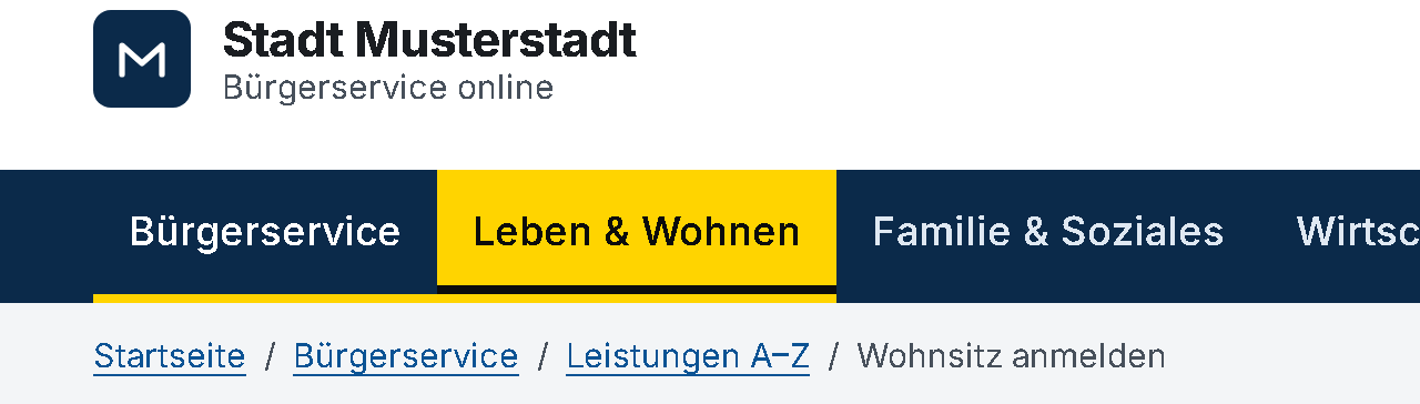 Hauptnavigation mit Tastaturfokus auf „Leben & Wohnen“: gelber Hintergrund, dunkler Text, dunkle Unterkante.