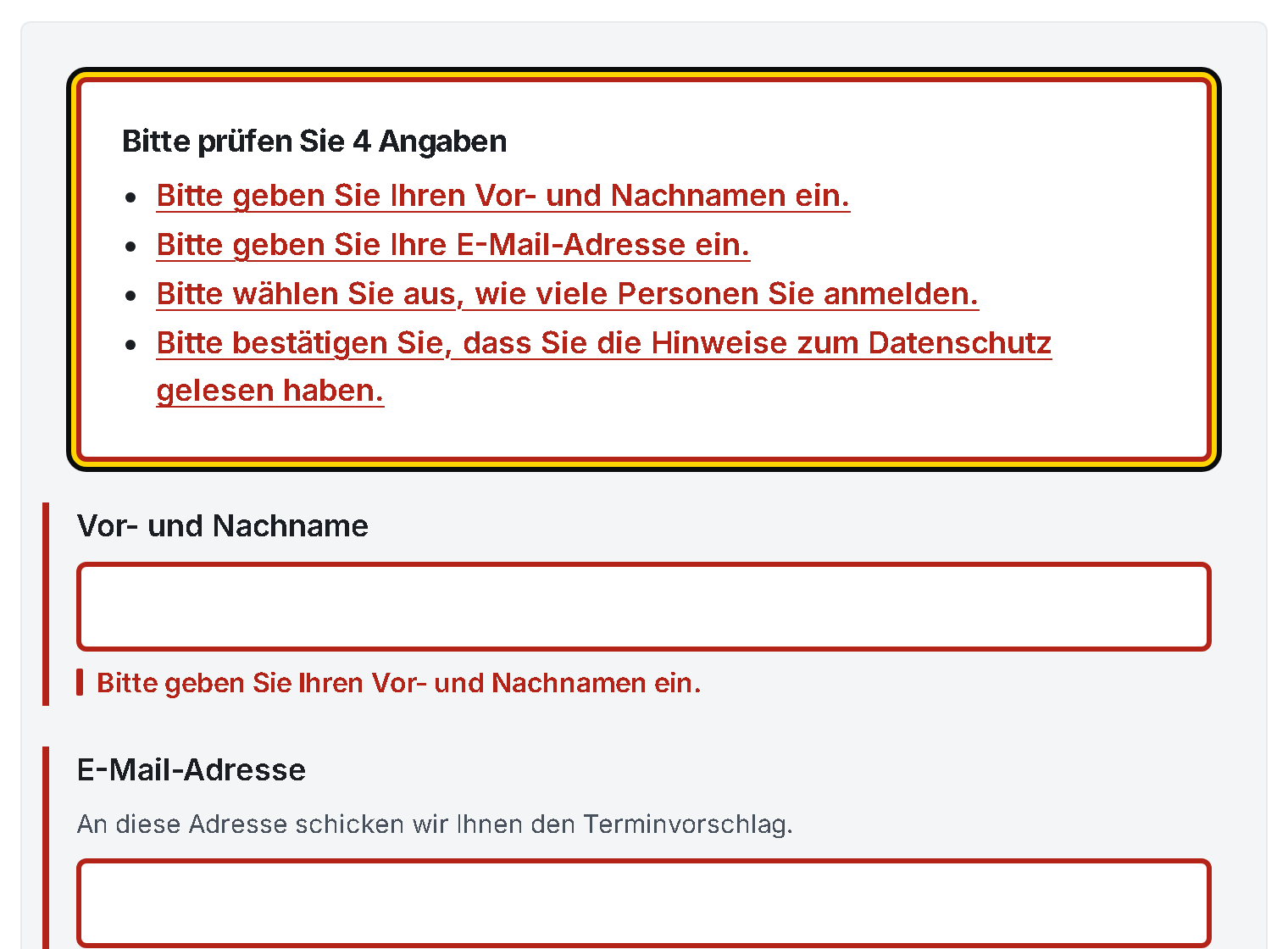 Leer abgeschicktes Terminformular: oben eine fokussierte Fehlerliste „Bitte prüfen Sie 4 Angaben“ mit vier Links, darunter die Felder mit roter Markierung und Meldung.