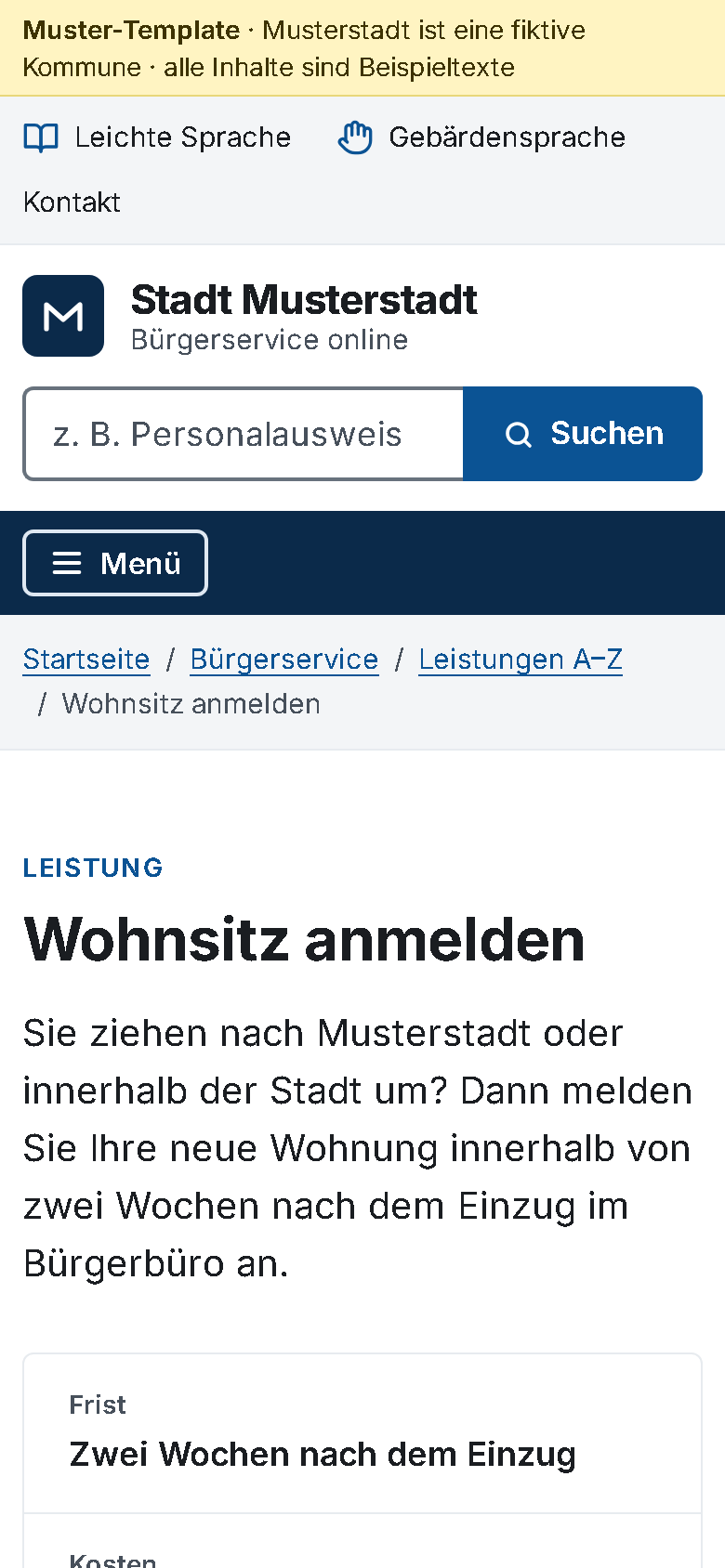 Dieselbe Seite am Handy mit 390 Pixel Breite: Menü-Knopf, Suche und Inhalt untereinander, ohne waagerechtes Scrollen.