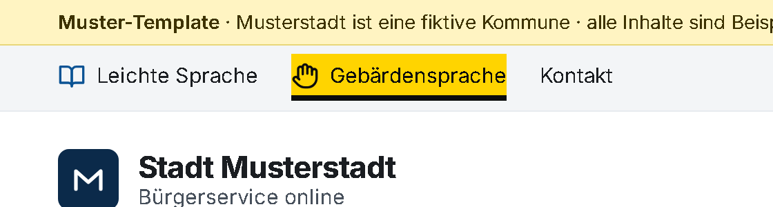Servicezeile mit den Links „Leichte Sprache“, „Gebärdensprache“ und „Kontakt“, der Fokus liegt auf „Gebärdensprache“.